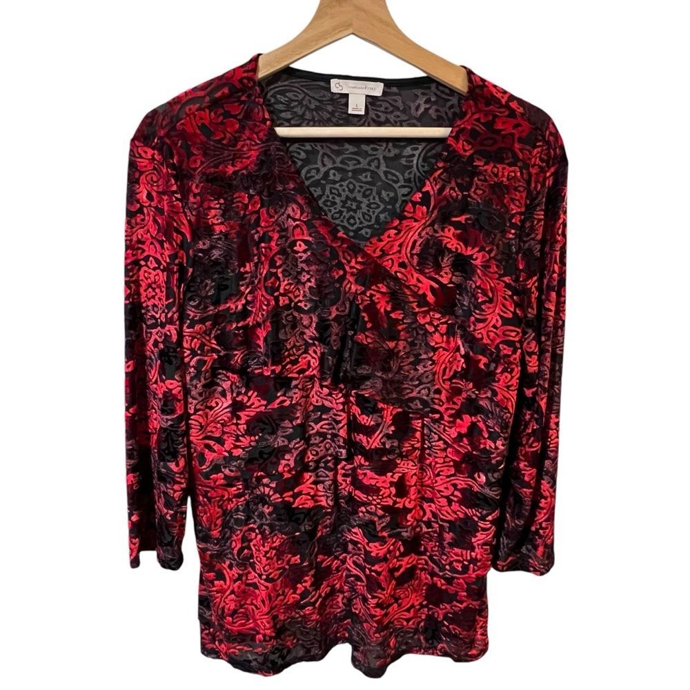 DB Womens Velvet Burnout Fairy Grunge Whimsigoth Tunic Top Size L Red Black Vamp